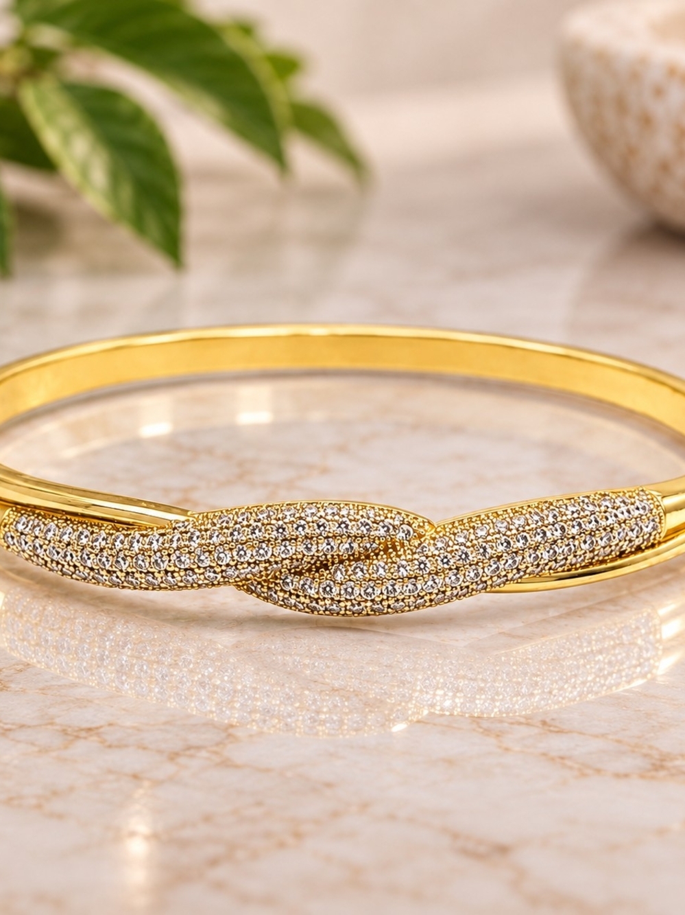 18K Gold Plated Copper Bangle Bracelet Zirconia Hinged Clasp 7.25"